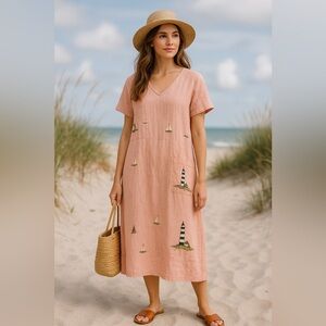 Vintage Donna Linen Maxi Peach Dress with lighthouses and sailor boats Sz Small